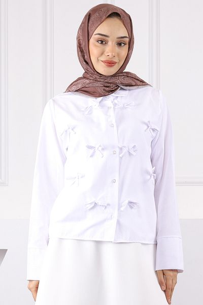 İmajButik Πουκάμισο με κουμπιά μπροστά με φιόγκο εκρού