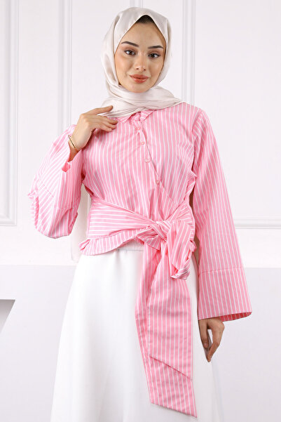 İmajButik Ροζ πουκάμισο με δεμένη μέση