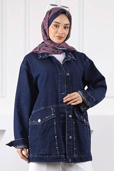 İmajButik Koyu Mavi Taşlı Kot Ceket