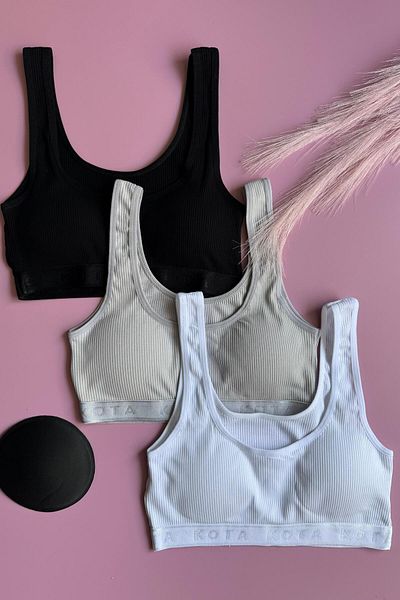VicTroy Light Trace Pad |   3-Piece Black, Gray and White Color Ribbed Cotton Women's Sports Bra-Half Singlet