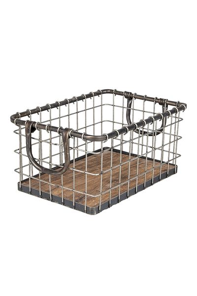 Clayre & Eef Storage Basket Gray Metal Brown Wood 34x24x16 cm