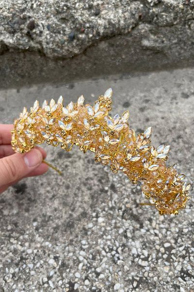 Hobigram Aldonsa Gold Bridal Henna Crown Special Occasion Accessory Women's Crown Hair Accessory – Crown, Crystal Stone