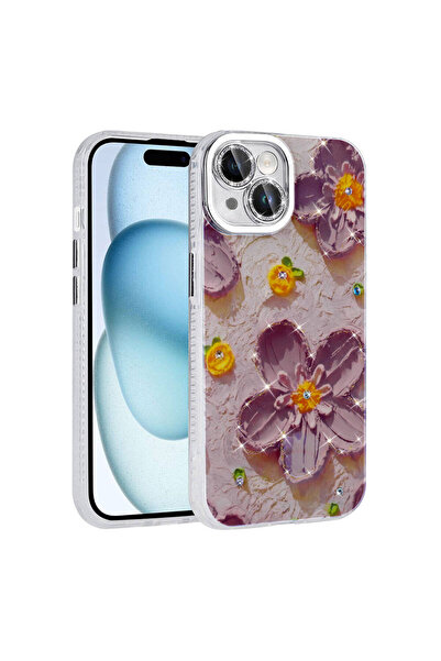 BUTAM BİLİŞİM iPhone 14 Case Flower Patterned Shiny Stone Hard Silicone Garden Cover - White