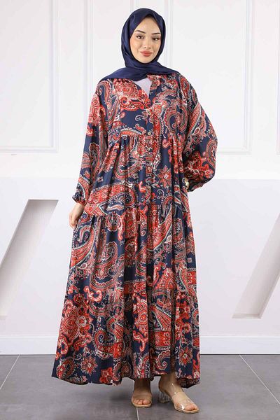 İmajButik Μπλε ναυτικό φόρεμα με μισό κουμπί με φούστα