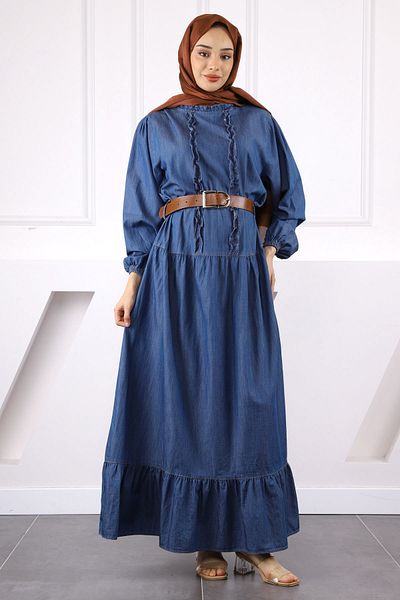 İmajButik Μπλε μανίκι ελαστική φούστα με ζώνη φόρεμα