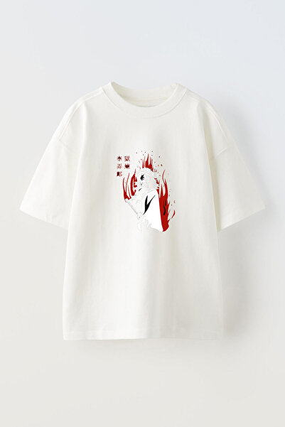 Anetos Tricou Anime Kyojuro Rengoku Pre cu imprimeu Bumbac Alb supradimensionat