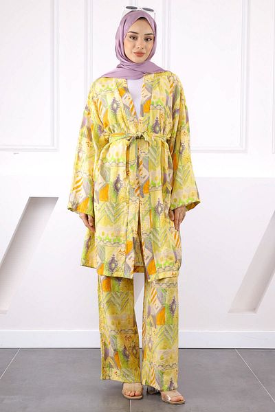 İmajButik Yellow Patterned Kimono Pants Set