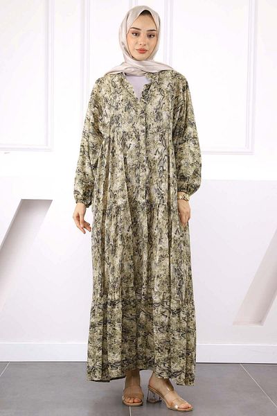 İmajButik Χακί Φόρεμα με μισό κουμπί και φούστα