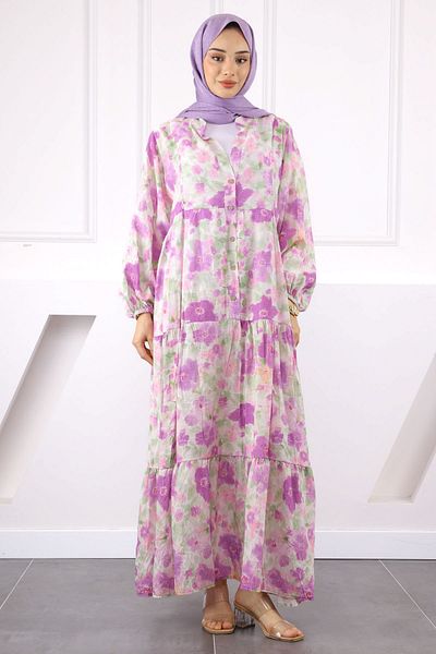 İmajButik Λιλά Φόρεμα με μισό κουμπί και φούστα