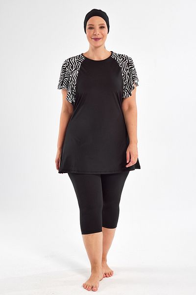 MARESİVA Plus Size Short Sleeve Semi-Covered Swimsuit 2805 Black