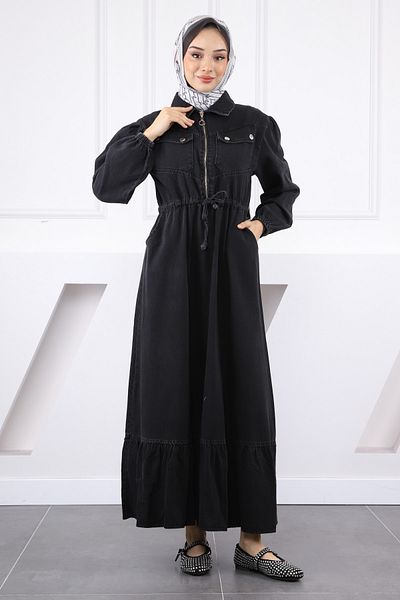 İmajButik Τζιν φόρεμα με ανθρακί μέση και μπροστινό φερμουάρ