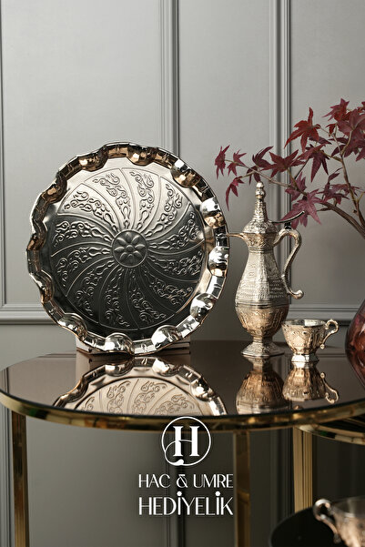 Hac Umre Hediyelik Zemzem Takımı | Zemzem Seti | El Yapımı Gümüş Zemzem Sunum Seti | Tepsi, İbrik ve Bardak Set