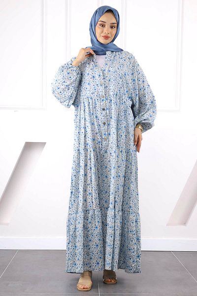 İmajButik Φόρεμα με μπλε φούστα με μισό κουμπί