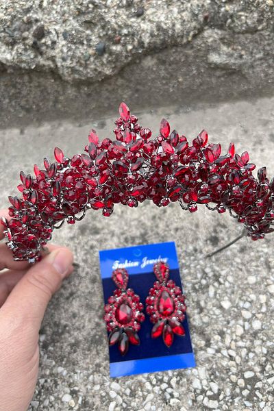 Hobigram Aldonsa Burgundy Bridal Henna Crown Special Occasion Accessory Women's Crown and Three Shuttle Earrings Set