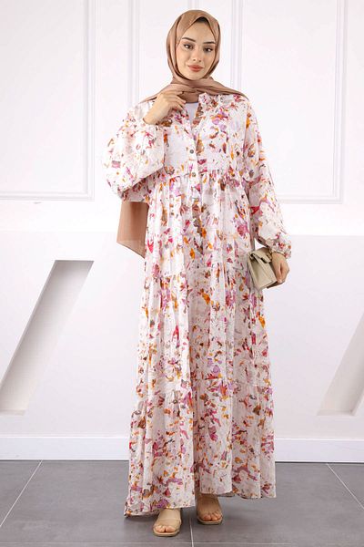 İmajButik Κρεμ Φόρεμα με μισό κουμπί με φούστα