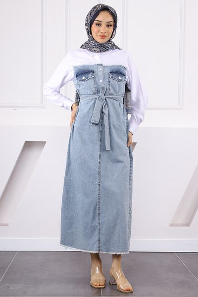 İmajButik Τζιν φόρεμα με μπλε πουκάμισο με γαρνιτούρα και κουμπιά
