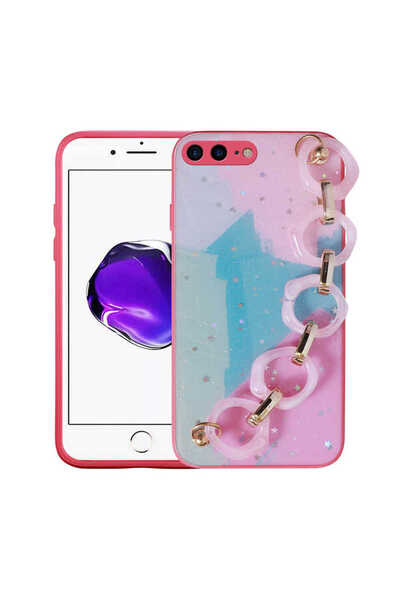 BUTAM BİLİŞİM iPhone 8 Plus Case Glitter Patterned Elsa Silicone Cover with Hand Strap Holder - Pink Dark
