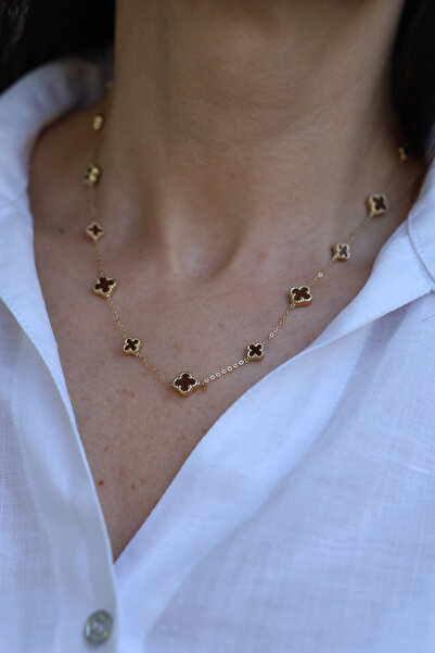 Yenigün Kuyumculuk 14 Ayar Altın Kahverengi Taşlı Yoncalı Kolye