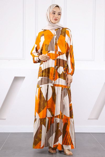 İmajButik Orange Half Button Skirt Layered Dress