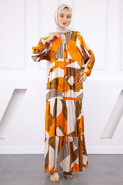 İmajButik Orange Half Button Skirt Layered Dress
