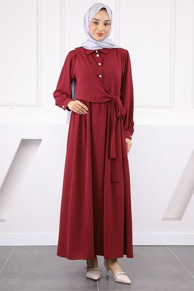 İmajButik Φόρεμα Linda με μπορντό πλαϊνό δέσιμο