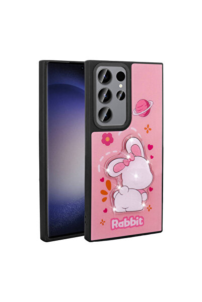 BUTAM BİLİŞİM حافظة Galaxy S22 Ultra من السيليكون مع شكل أيقوني منقوش لامع - وردي