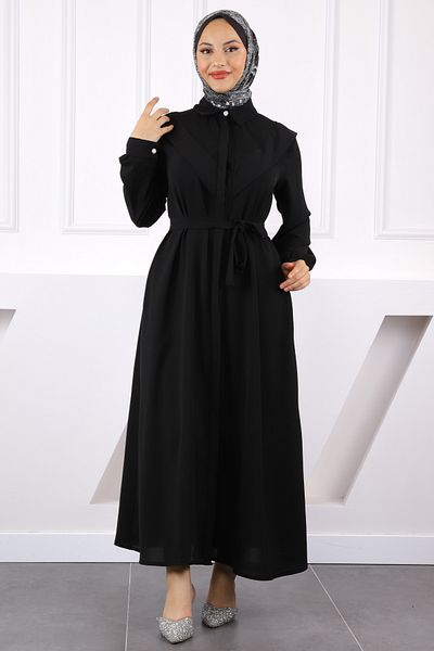 İmajButik Μαύρο φόρεμα με κουμπιά μπροστά και τσέπες