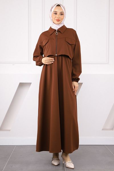 İmajButik Καφέ Μπουφάν Συνδυασμένο Φόρεμα Ελαστικής Μέσης