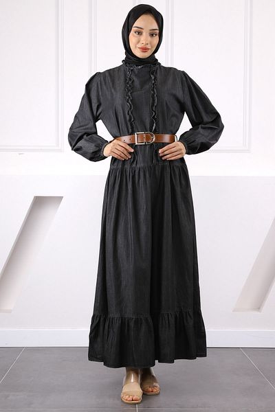 İmajButik Φόρεμα με ελαστική φούστα με μανίκια από ανθρακί και ζώνη