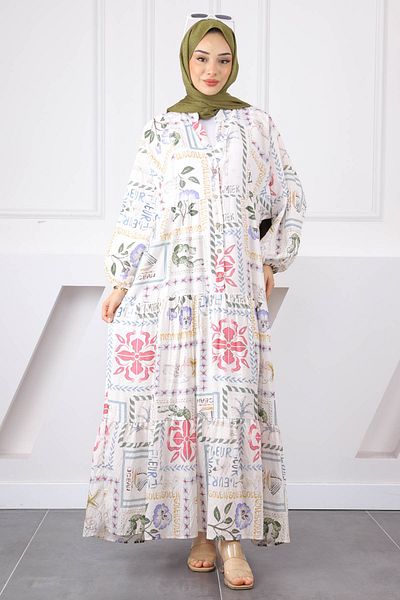 İmajButik Κρεμ Φόρεμα με μισό κουμπί με φούστα