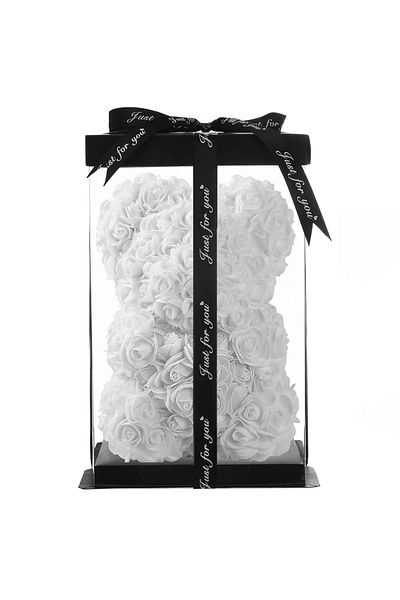 Teno Teddy Bear made of Teno® Foam Roses, white floral, handmade, transparent box, 25 cm