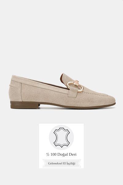 TUNAELLİ WOMEN'S BEIGE SUEDE GENUINE NATURAL LEATHER NUMBER 36-41 BUCKLE SHOES