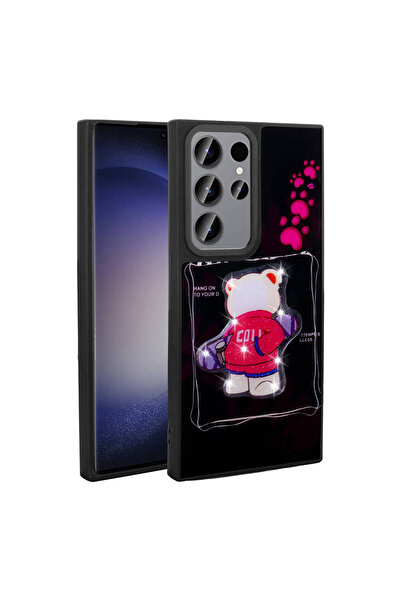 BUTAM BİLİŞİM حافظة هاتف Galaxy S22 Ultra من السيليكون مع شكل أيقوني منقوش لامع - أسود