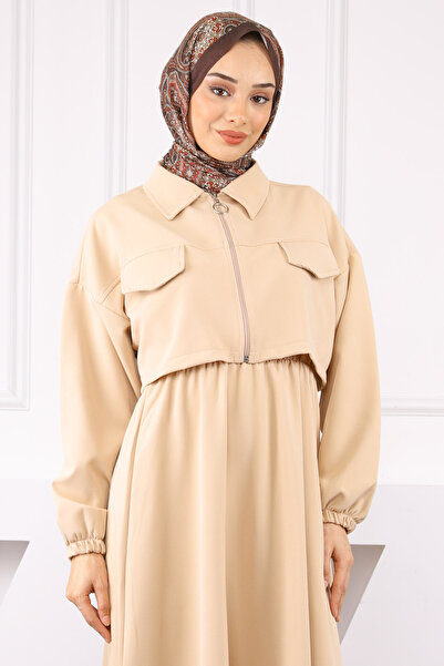 İmajButik Beige Jacket Combination Waist Elastic Dress