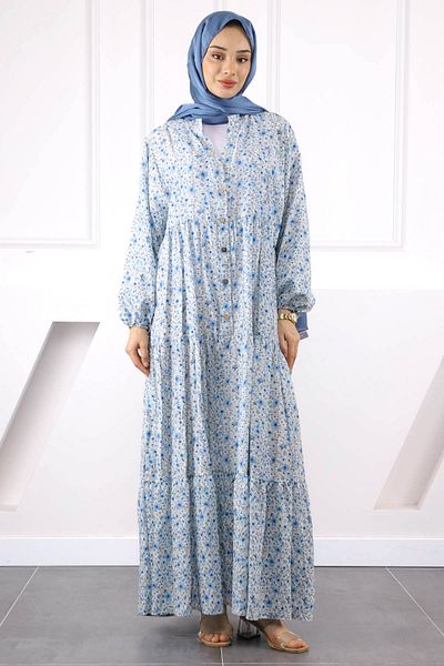 İmajButik Φόρεμα με μπλε φούστα με μισό κουμπί
