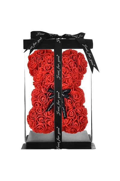 Teno Teddy Bear made of Teno® Foam Roses, red floral, handmade, transparent box, 25 cm