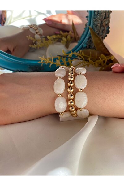 ŞİMŞEK BİJUTERİ 3 سلاسل من الأحجار الكريمة الملونة وسوار من الخرز الذهبي المس...