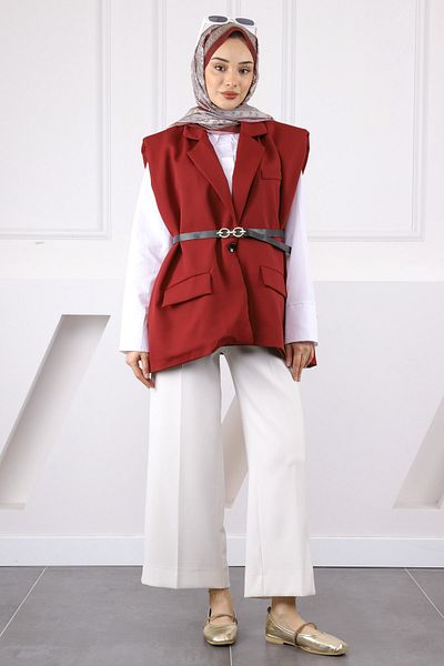 İmajButik Burgundy Waist Belted Vest