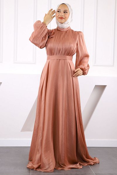 İmajButik Βραδινό φόρεμα σιφόν με δραπέ μπροστά και ζώνη σαλομόν