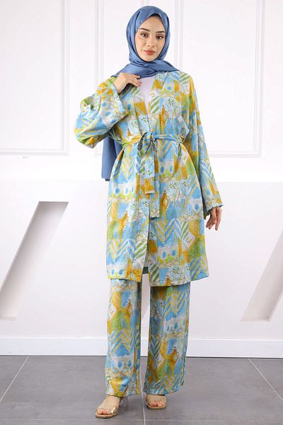İmajButik Blue Patterned Kimono Pants Set