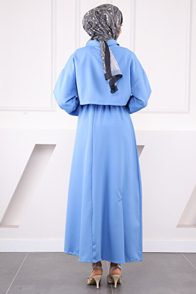 İmajButik İndigo Ceket Kombinli Bel Lastikli Elbise