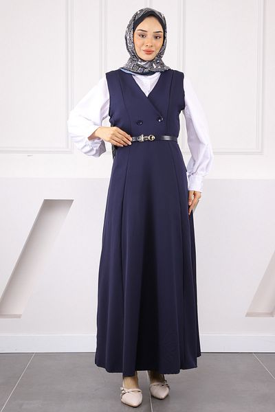 İmajButik Μπλε ναυτικό φόρεμα με κουμπιά μπροστά και ζώνη