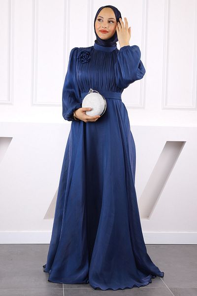 İmajButik Βραδινό φόρεμα σιφόν με μπλε ναυτικό μπλε μπροστινό δραπέ και ζώνη