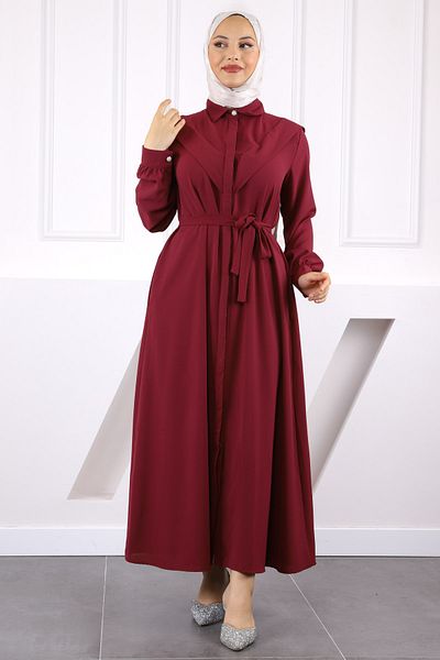 İmajButik Φόρεμα μπορντό με κουμπιά μπροστά και τσέπες