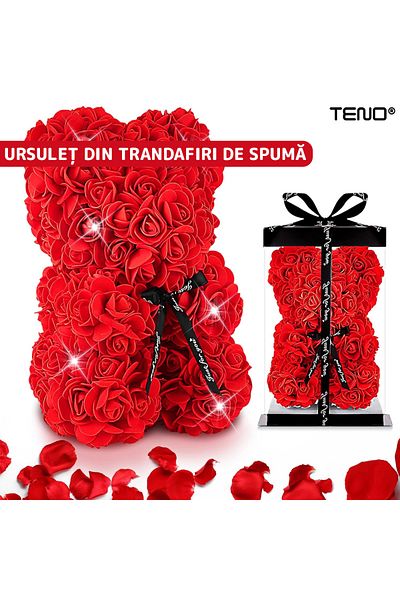 Teno Teddy Bear made of Teno® Foam Roses, red floral, handmade, transparent box, 25 cm