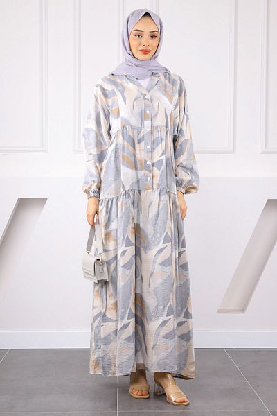 İmajButik Γκρι φόρεμα με μοτίβο με μισό κουμπί