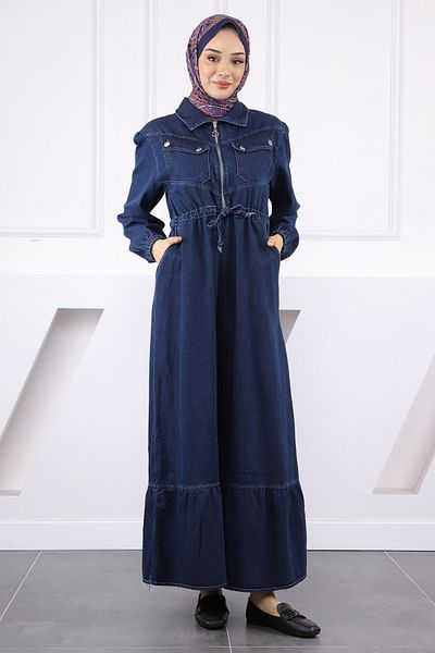 İmajButik Σκούρο μπλε τζιν φόρεμα με δεμένη μέση και μπροστινό φερμουάρ