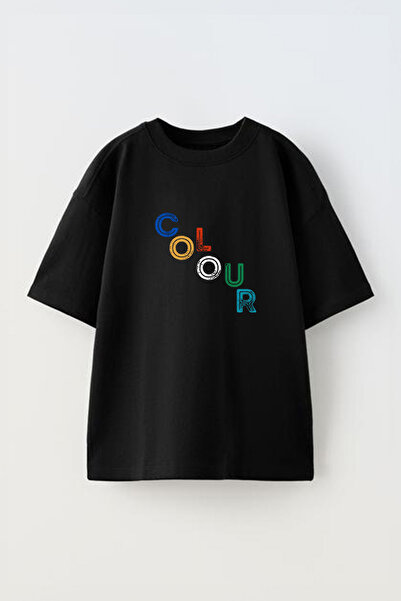 Anetos Tricou cu dungi colorate, cu text în față, cu imprimeu bumbac, negru s...