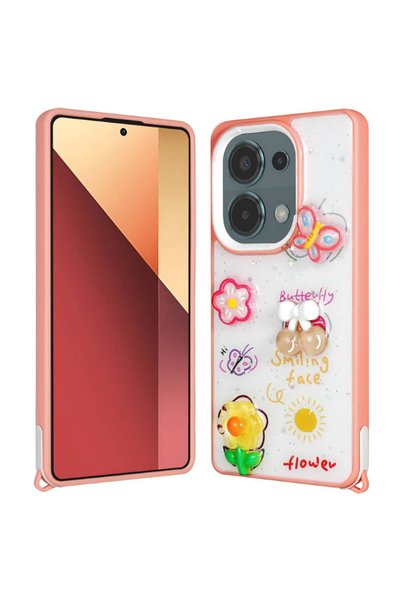 BUTAM BİLİŞİM حافظة Redmi Note 13 Pro 4G ذات مجسمات لامعة ونقشة فضية - وردي
