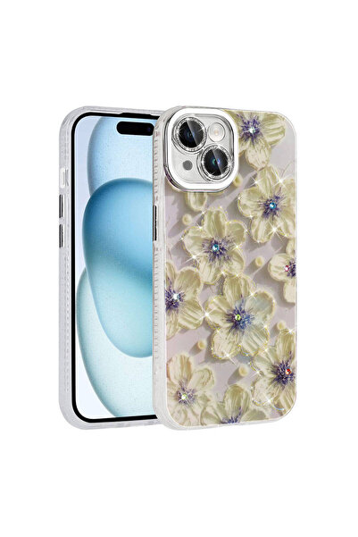 BUTAM BİLİŞİM iPhone 15 Case Flower Patterned Shiny Stone Hard Silicone Garden Cover - Pink Light